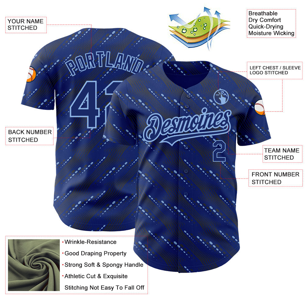 Custom Royal Light Blue 3D Pattern Design Slant Lines Authentic Baseball Jersey view 3