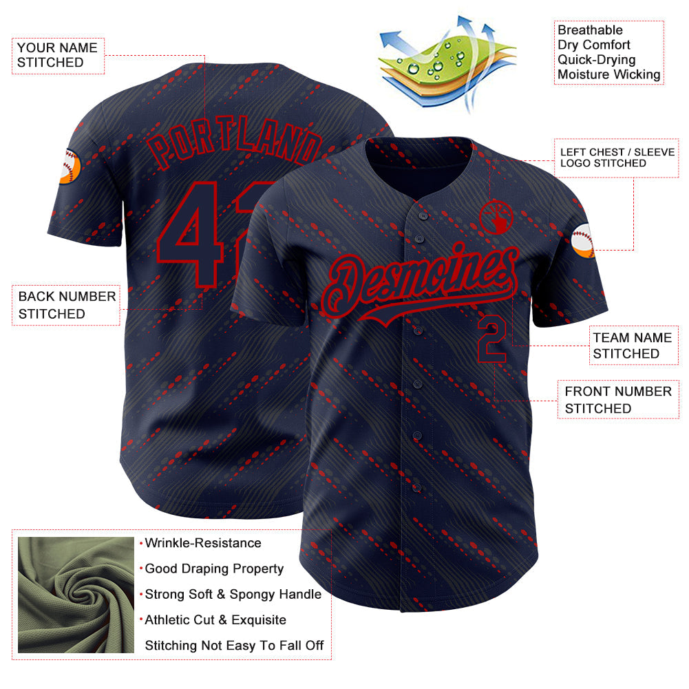 Custom Navy Red 3D Pattern Design Slant Lines Authentic Baseball Jersey view 3
