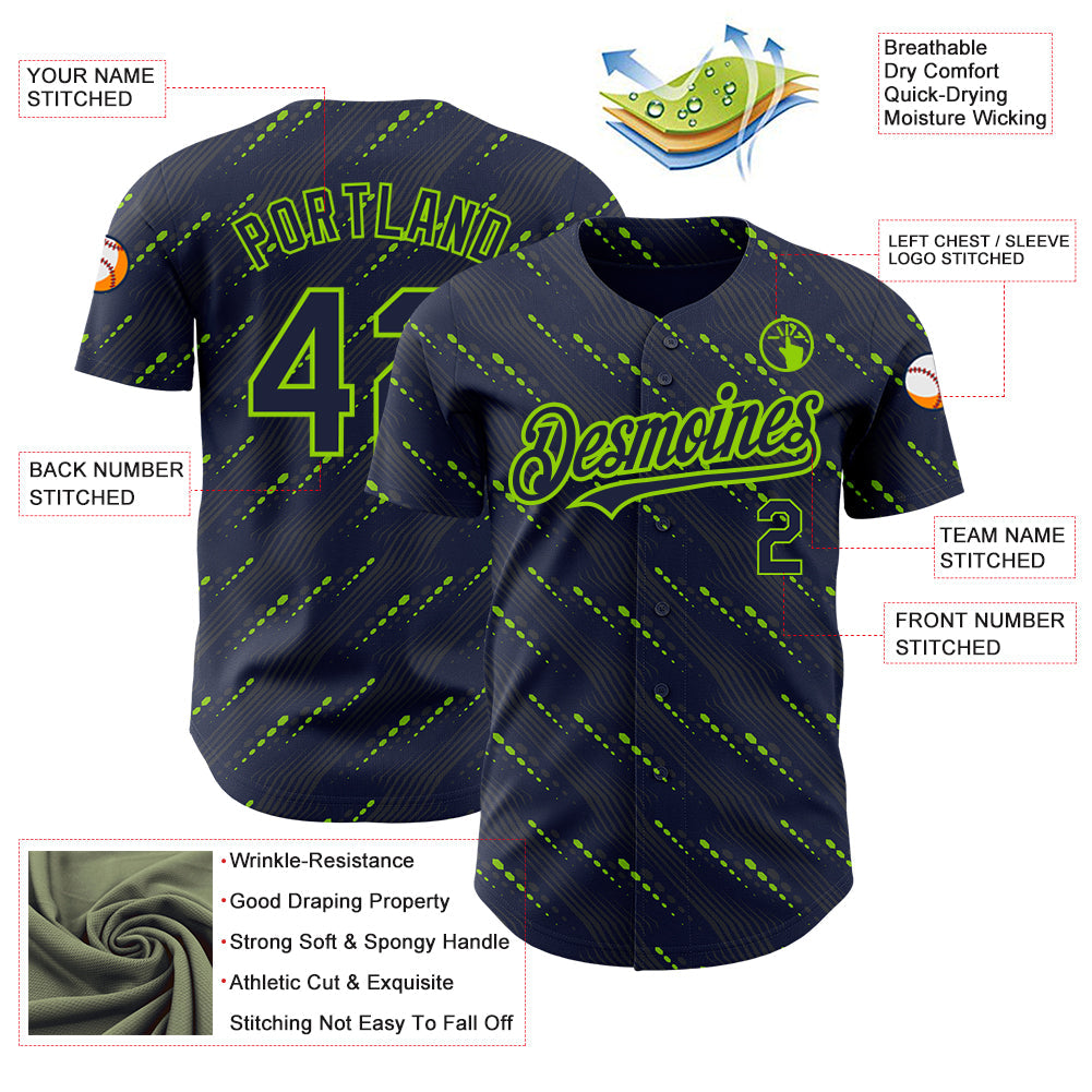 Custom Navy Neon Green 3D Pattern Design Slant Lines Authentic Baseball Jersey view 3