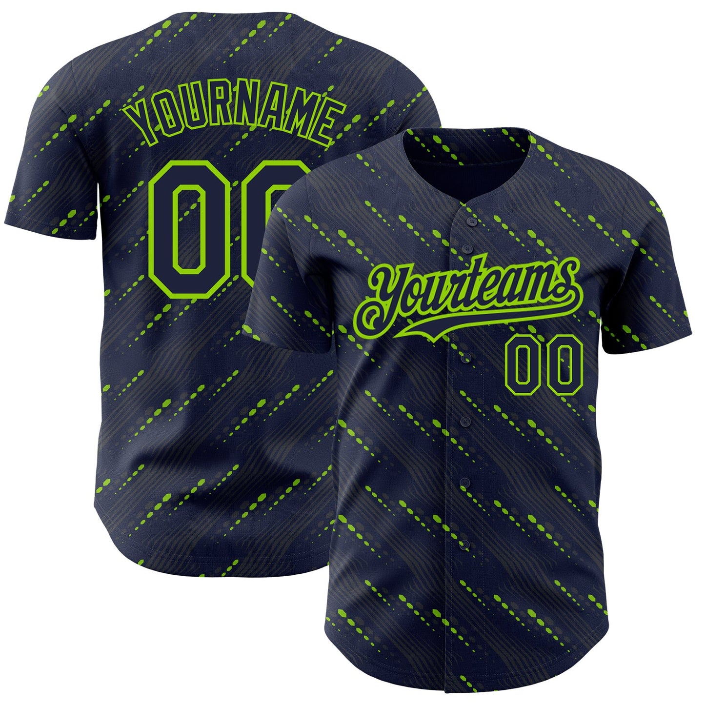 Custom Navy Neon Green 3D Pattern Design Slant Lines Authentic Baseball Jersey - Main View