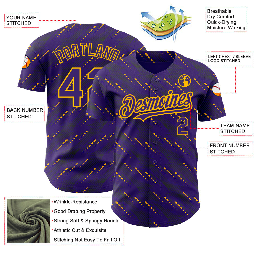 Custom Purple Gold 3D Pattern Design Slant Lines Authentic Baseball Jersey view 3