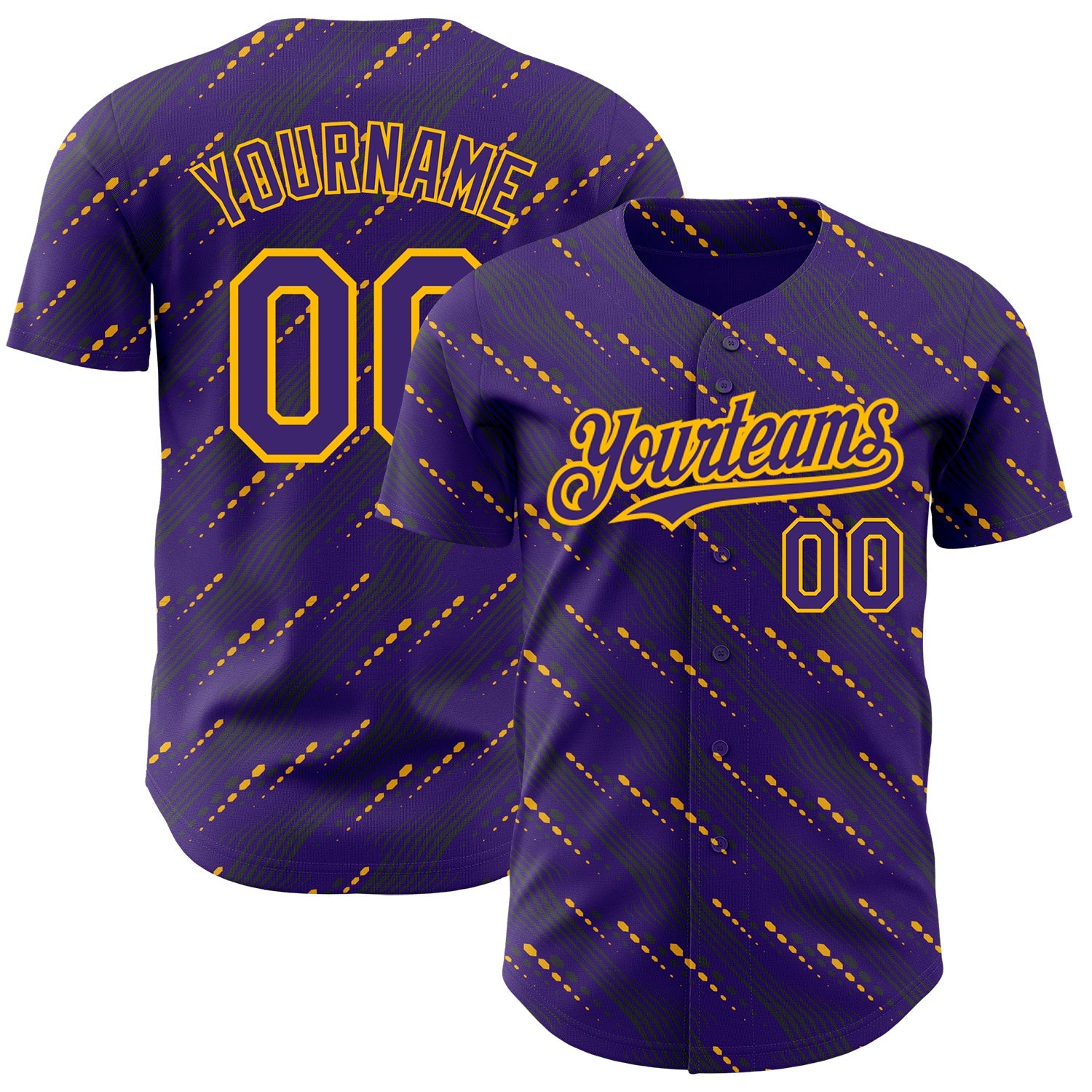Custom Purple Gold 3D Pattern Design Slant Lines Authentic Baseball Jersey - Main View
