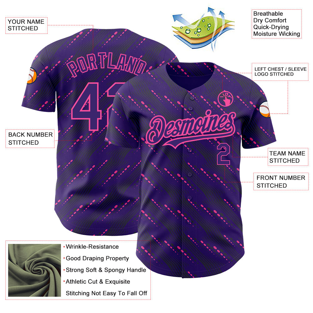 Custom Purple Pink 3D Pattern Design Slant Lines Authentic Baseball Jersey view 3