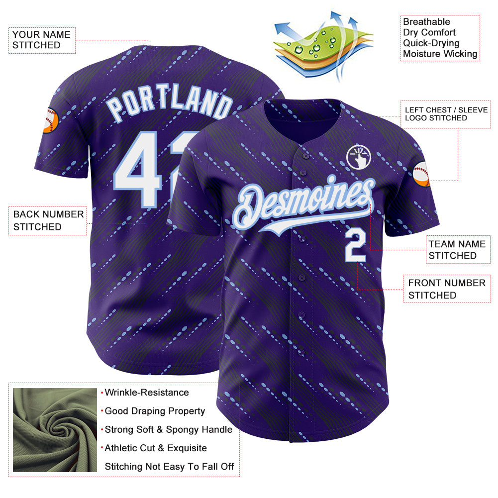 Custom Purple White-Light Blue 3D Pattern Design Slant Lines Authentic Baseball Jersey view 3