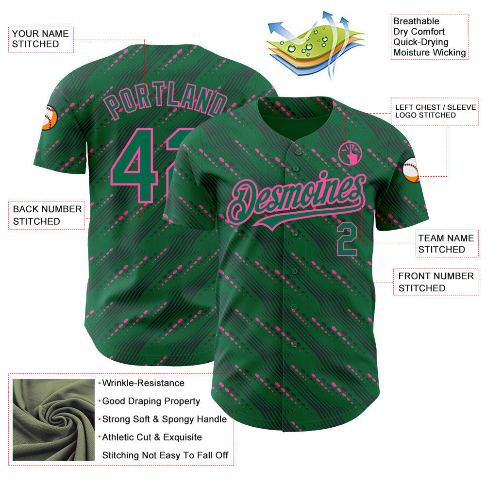 Custom Kelly Green-Pink 3D Pattern Design Slant Lines Authentic Baseball Jersey view 3