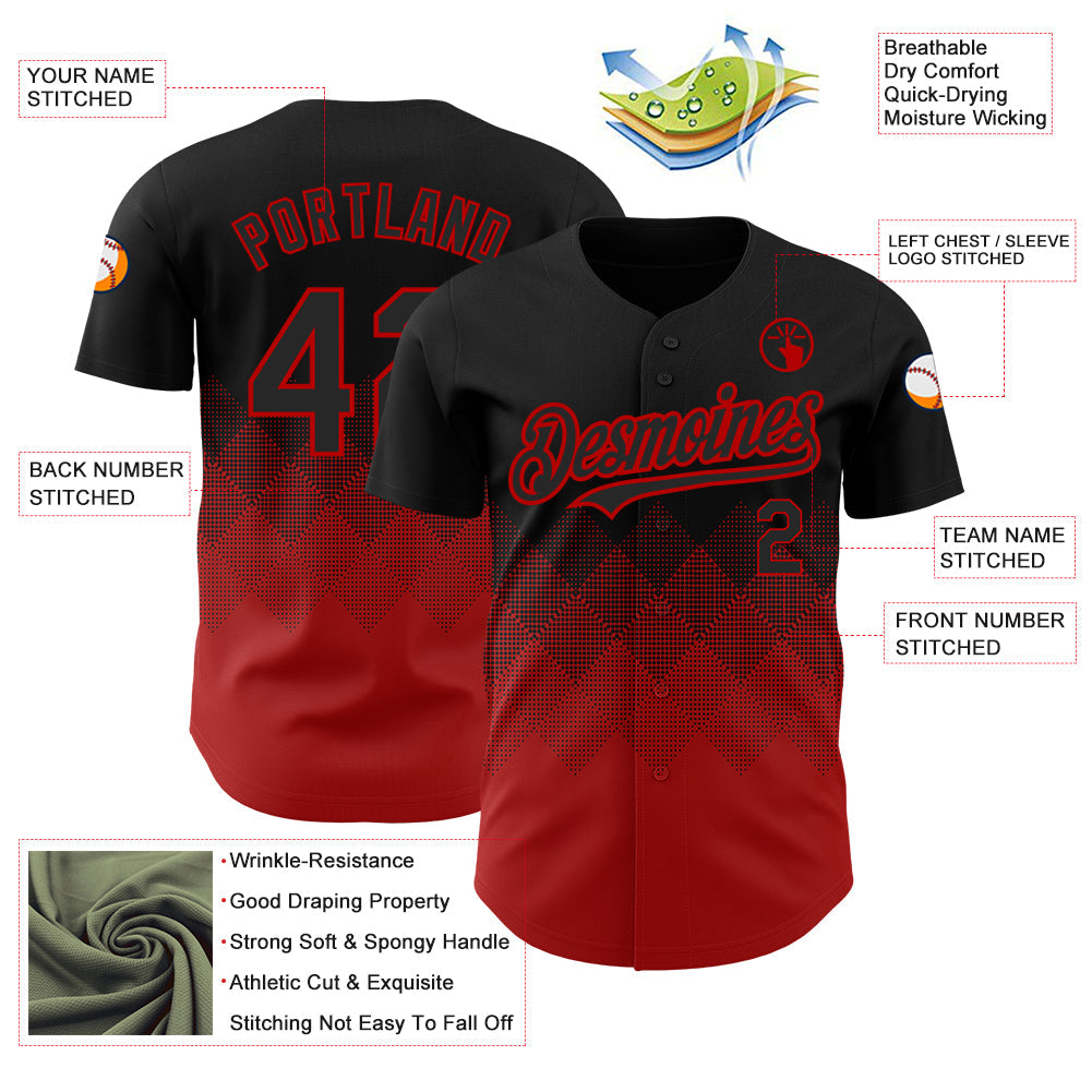 Custom Black Red 3D Pattern Design Gradient Square Shapes Authentic Baseball Jersey view 3
