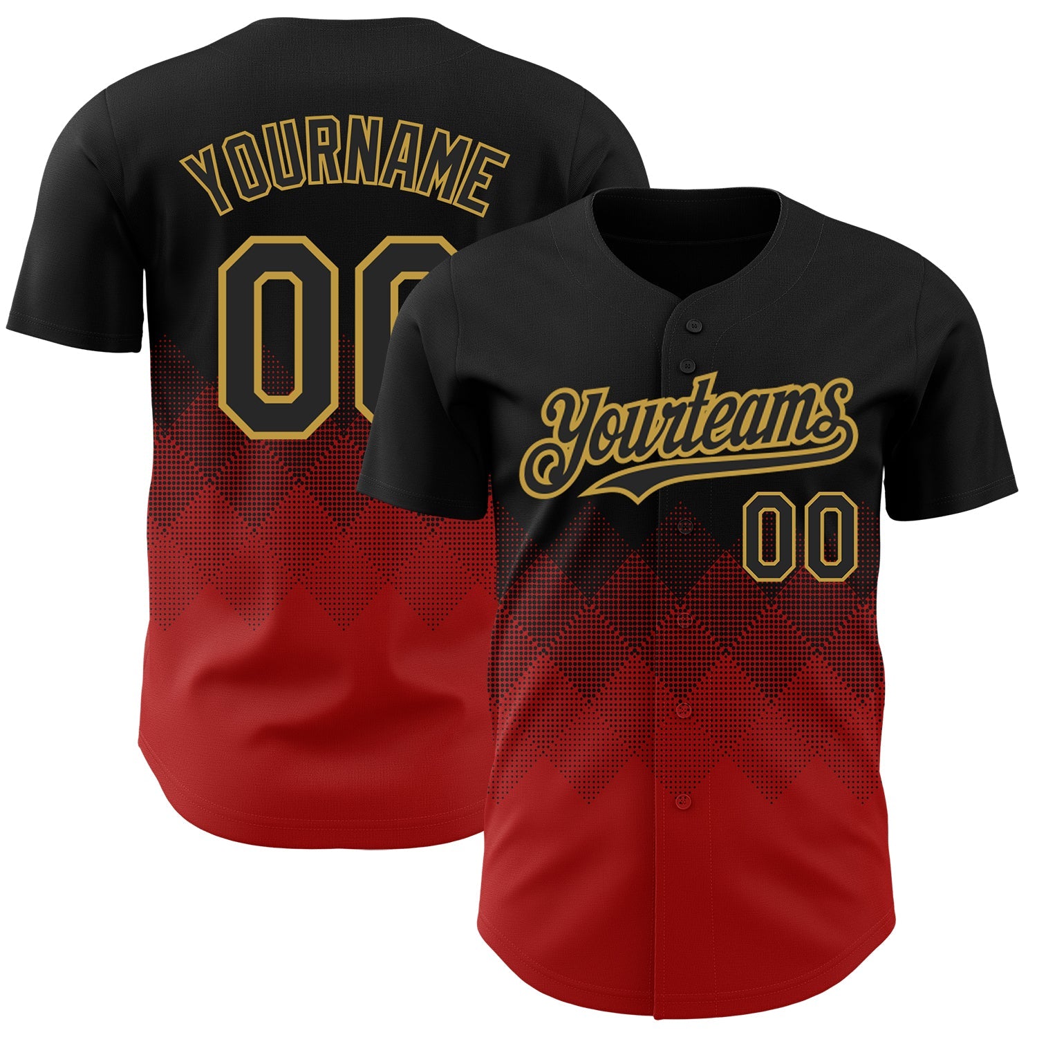 Custom Black Red-Old Gold 3D Pattern Design Gradient Square Shapes Authentic Baseball Jersey - Main View
