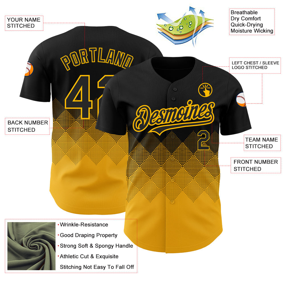 Custom Black Gold 3D Pattern Design Gradient Square Shapes Authentic Baseball Jersey view 3