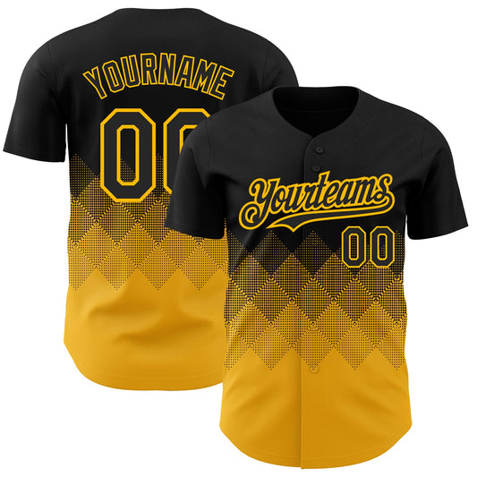 Custom Black Gold 3D Pattern Design Gradient Square Shapes Authentic Baseball Jersey - Main View