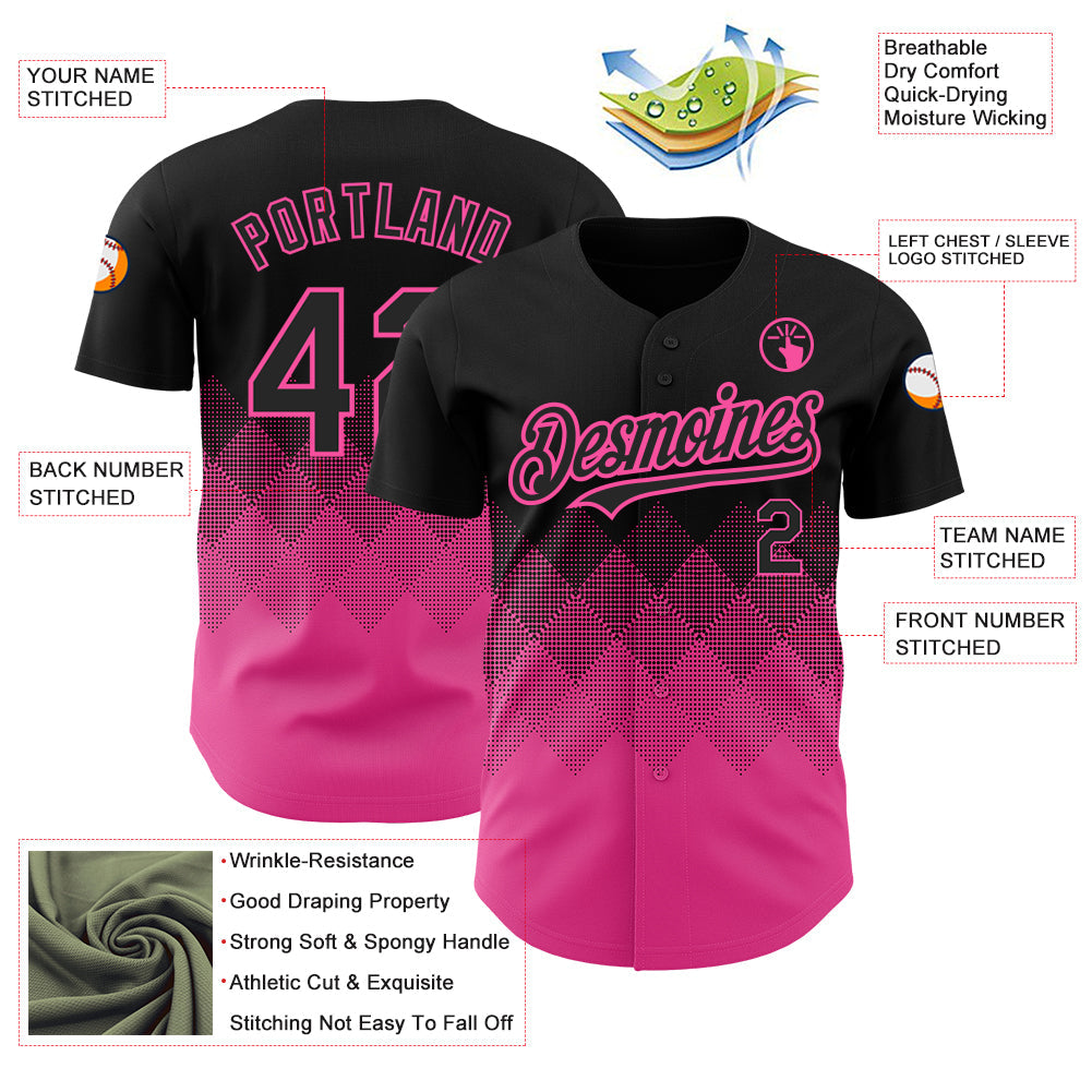 Custom Black Pink 3D Pattern Design Gradient Square Shapes Authentic Baseball Jersey view 3