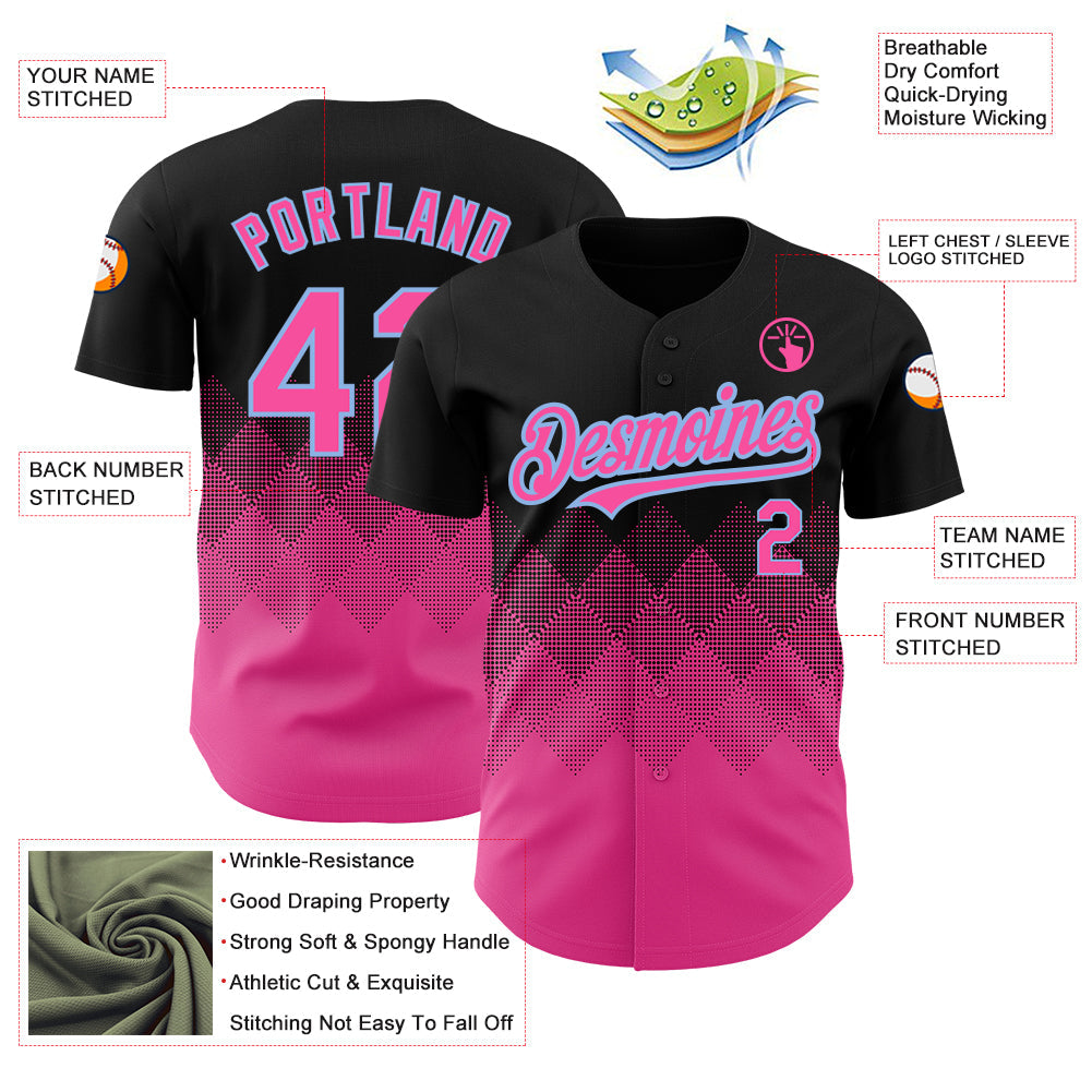 Custom Black Pink-Light Blue 3D Pattern Design Gradient Square Shapes Authentic Baseball Jersey view 3