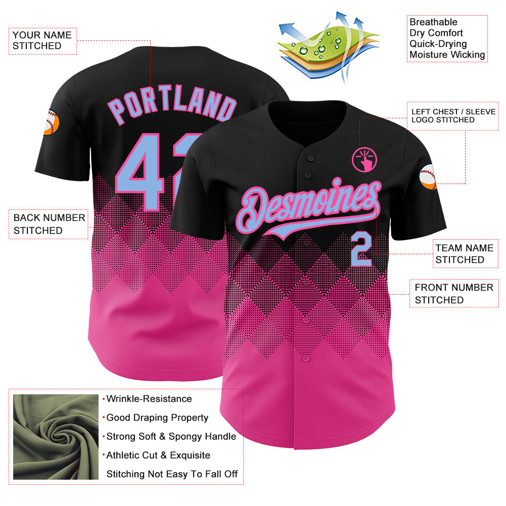 Custom Black Light Blue-Pink 3D Pattern Design Gradient Square Shapes Authentic Baseball Jersey view 3