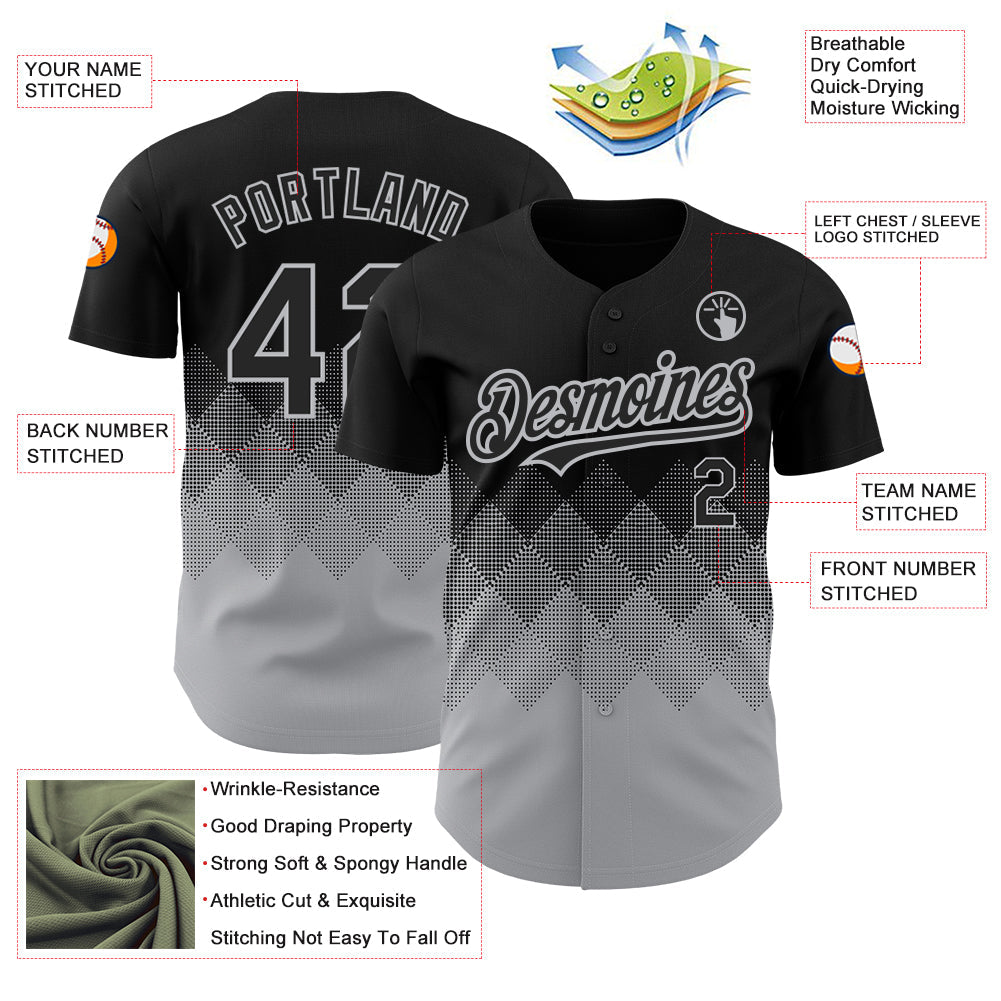 Custom Black Gray 3D Pattern Design Gradient Square Shapes Authentic Baseball Jersey view 3
