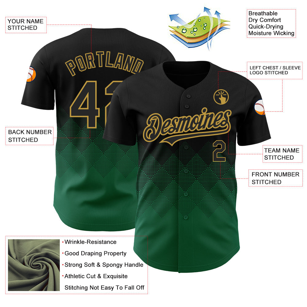 Custom Black Kelly Green-Old Gold 3D Pattern Design Gradient Square Shapes Authentic Baseball Jersey view 3
