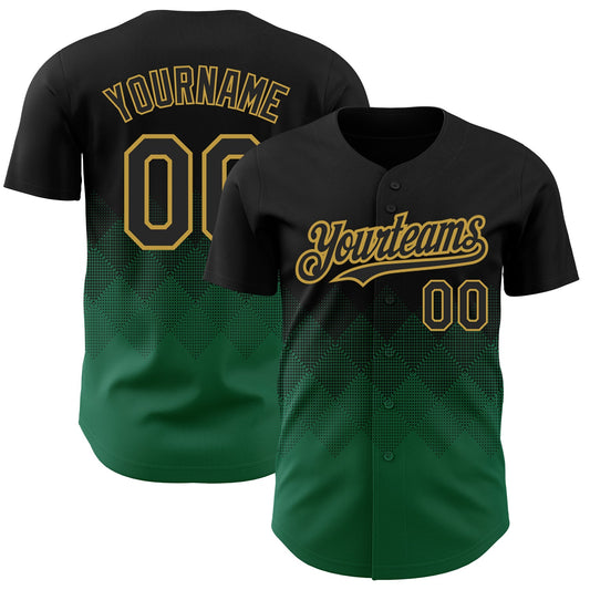 Custom Black Kelly Green-Old Gold 3D Pattern Design Gradient Square Shapes Authentic Baseball Jersey - Main View