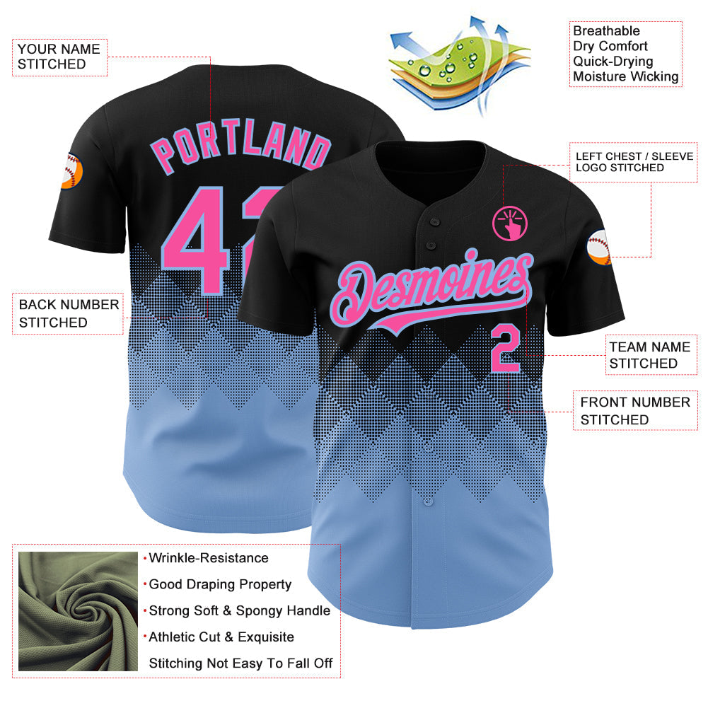 Custom Black Pink-Light Blue 3D Pattern Design Gradient Square Shapes Authentic Baseball Jersey view 3