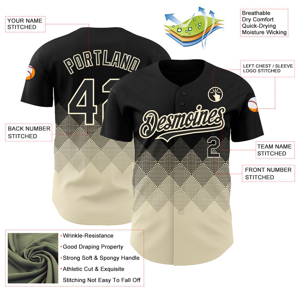 Custom Black Cream 3D Pattern Design Gradient Square Shapes Authentic Baseball Jersey view 3