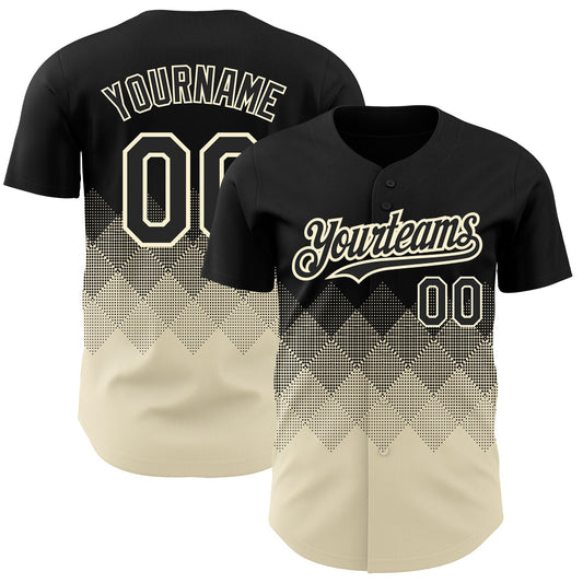 Custom Black Cream 3D Pattern Design Gradient Square Shapes Authentic Baseball Jersey - Main View
