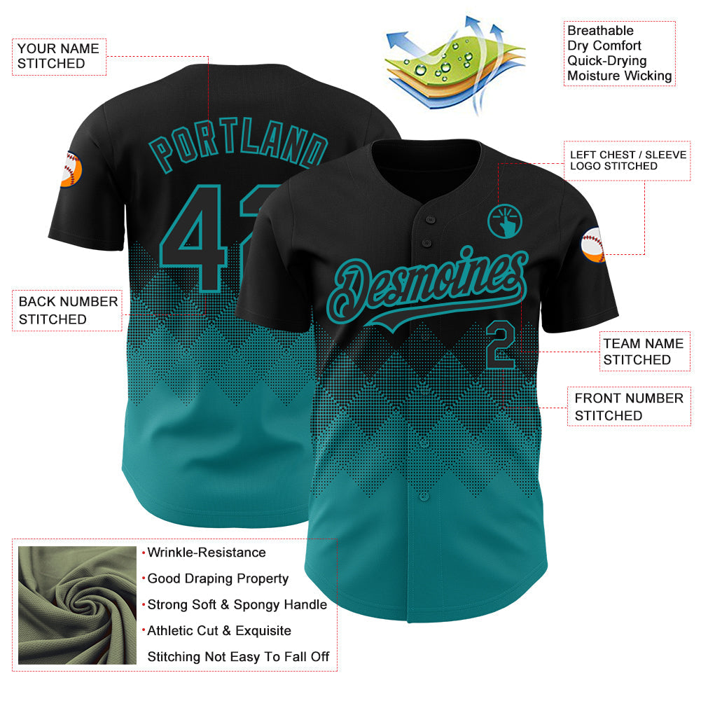 Custom Black Teal 3D Pattern Design Gradient Square Shapes Authentic Baseball Jersey view 3