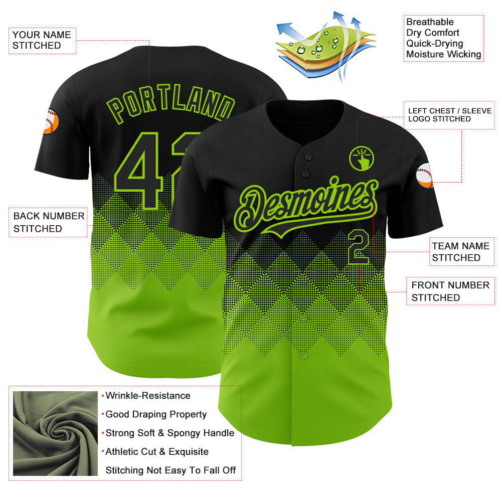 Custom Black Neon Green 3D Pattern Design Gradient Square Shapes Authentic Baseball Jersey view 3