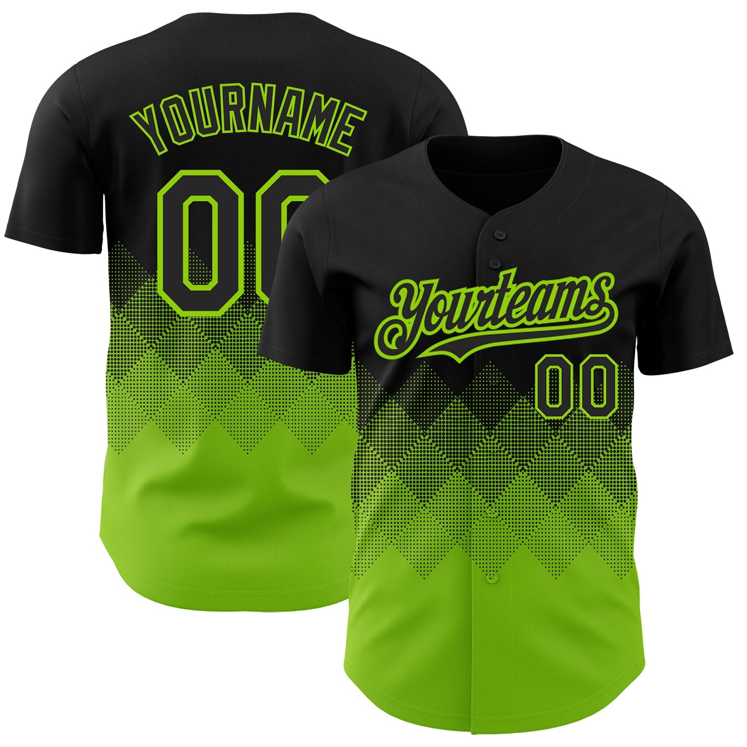 Custom Black Neon Green 3D Pattern Design Gradient Square Shapes Authentic Baseball Jersey - Main View