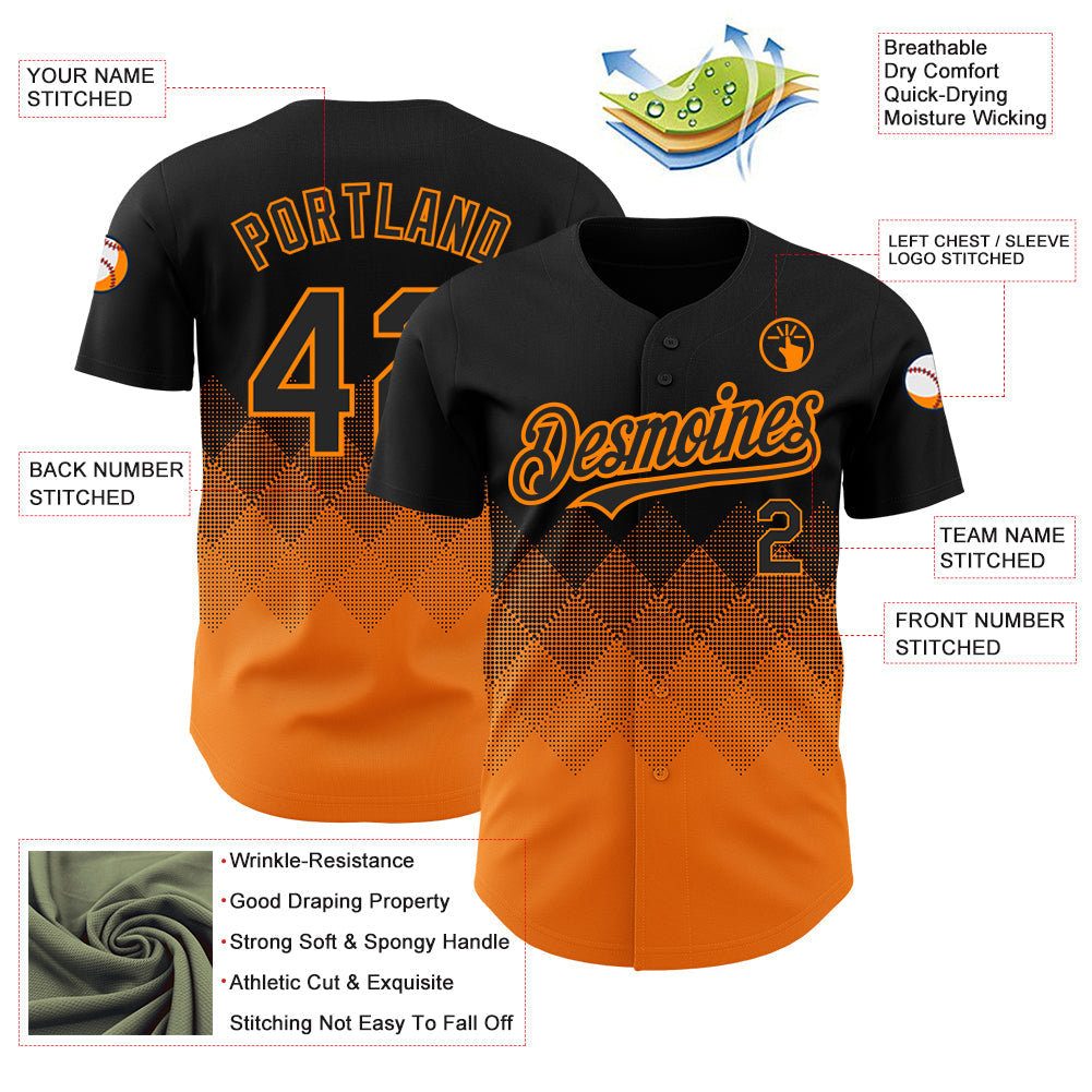 Custom Black Bay Orange 3D Pattern Design Gradient Square Shapes Authentic Baseball Jersey view 3