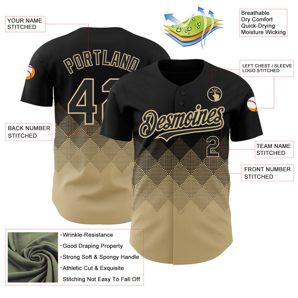 Custom Black Vegas Gold 3D Pattern Design Gradient Square Shapes Authentic Baseball Jersey view 4