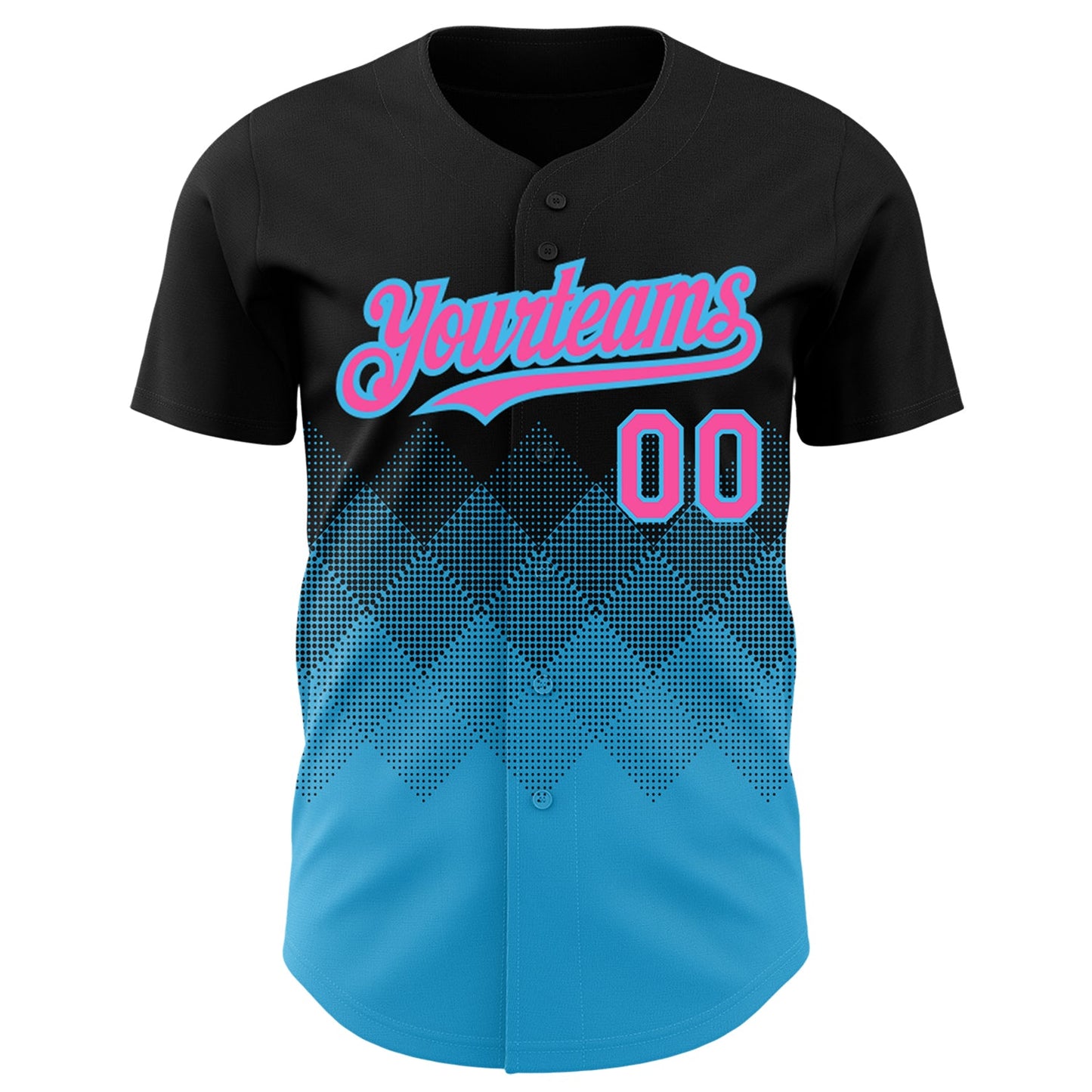 Custom Black Pink-Sky Blue 3D Pattern Design Gradient Square Shapes Authentic Baseball Jersey view 2