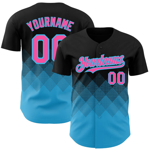 Custom Black Pink-Sky Blue 3D Pattern Design Gradient Square Shapes Authentic Baseball Jersey - Main View