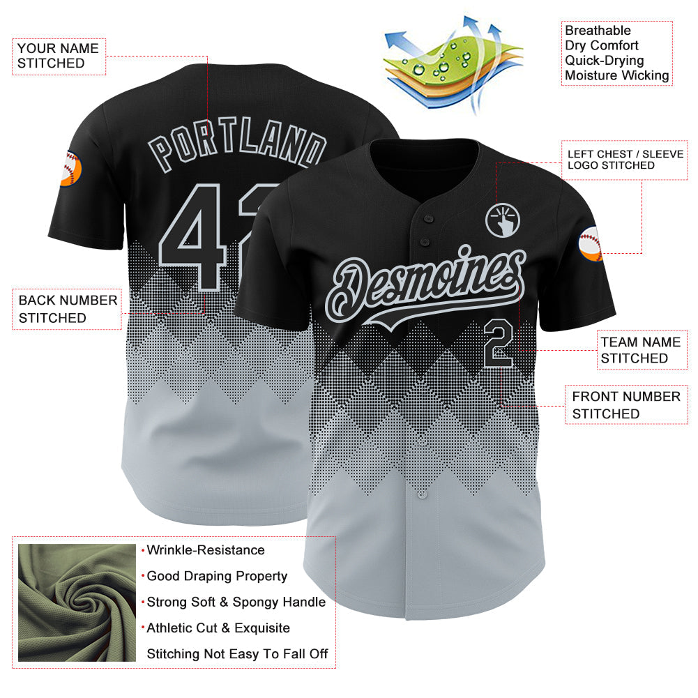 Custom Black Silver 3D Pattern Design Gradient Square Shapes Authentic Baseball Jersey view 3
