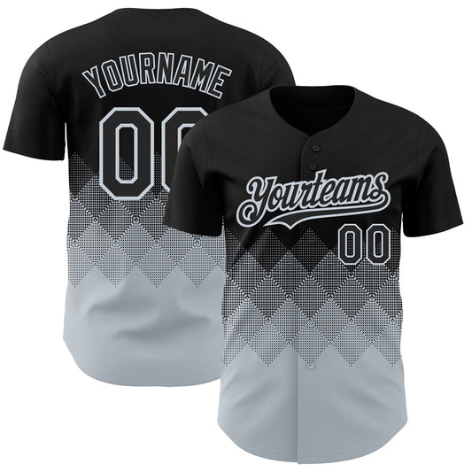 Custom Black Silver 3D Pattern Design Gradient Square Shapes Authentic Baseball Jersey - Main View