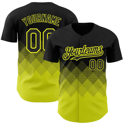 Custom Black Neon Yellow 3D Pattern Design Gradient Square Shapes Authentic Baseball Jersey - Main View