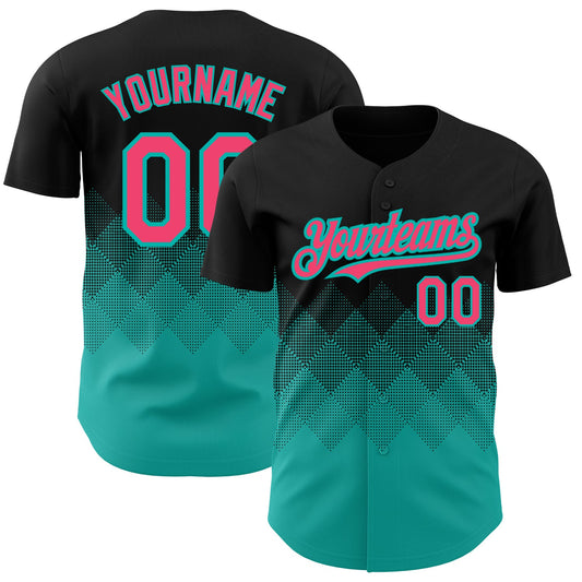 Custom Black Neon Pink-Aqua 3D Pattern Design Gradient Square Shapes Authentic Baseball Jersey - Main View