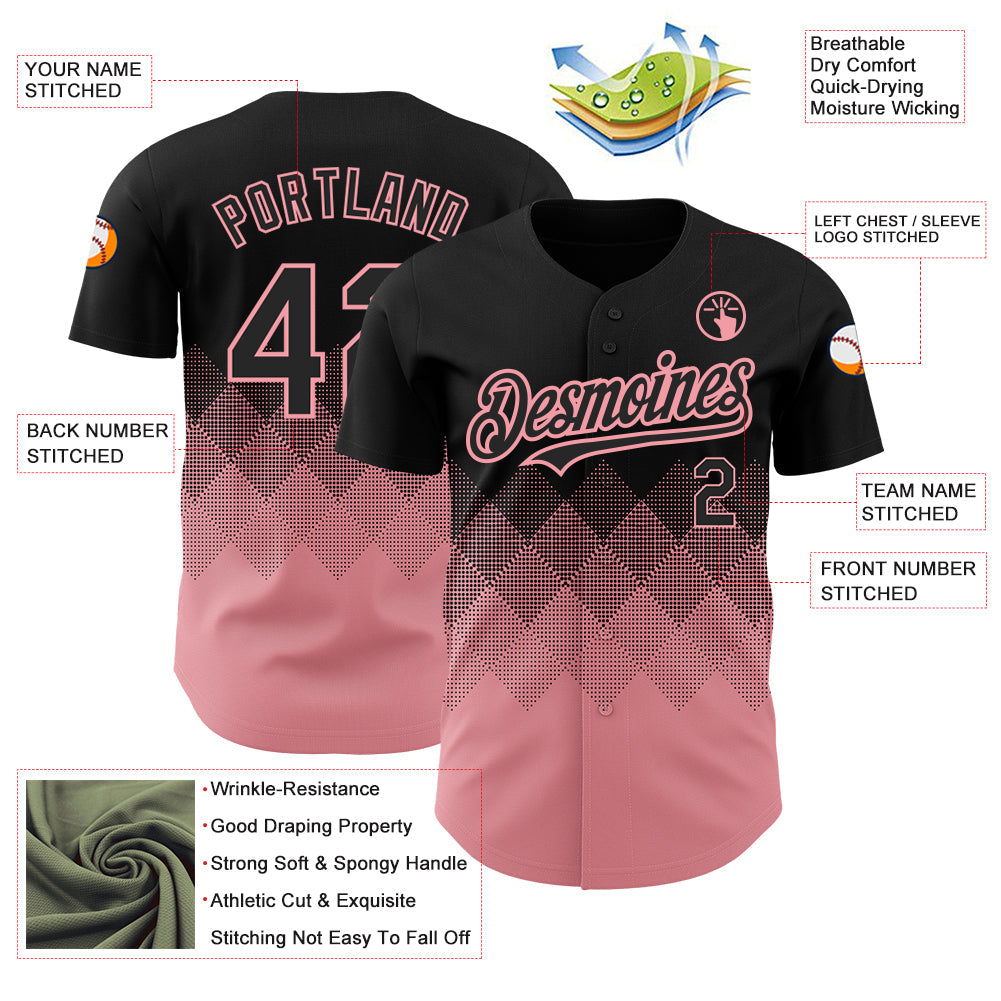 Custom Black Medium Pink 3D Pattern Design Gradient Square Shapes Authentic Baseball Jersey view 3