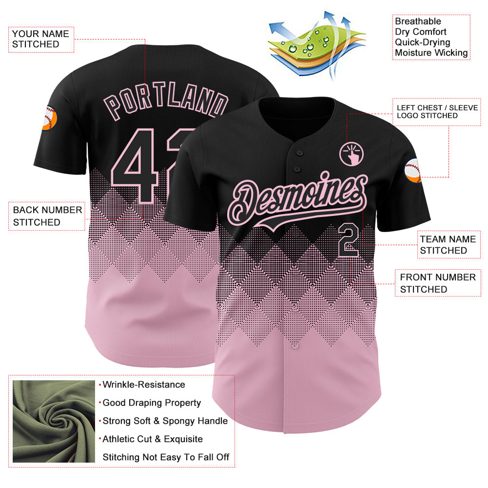 Custom Black Light Pink 3D Pattern Design Gradient Square Shapes Authentic Baseball Jersey view 3