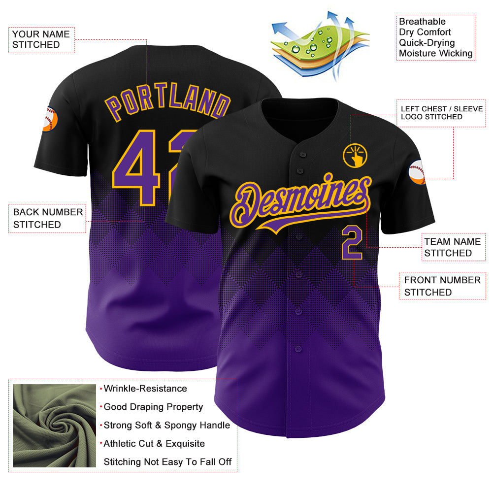 Custom Black Purple-Gold 3D Pattern Design Gradient Square Shapes Authentic Baseball Jersey view 3