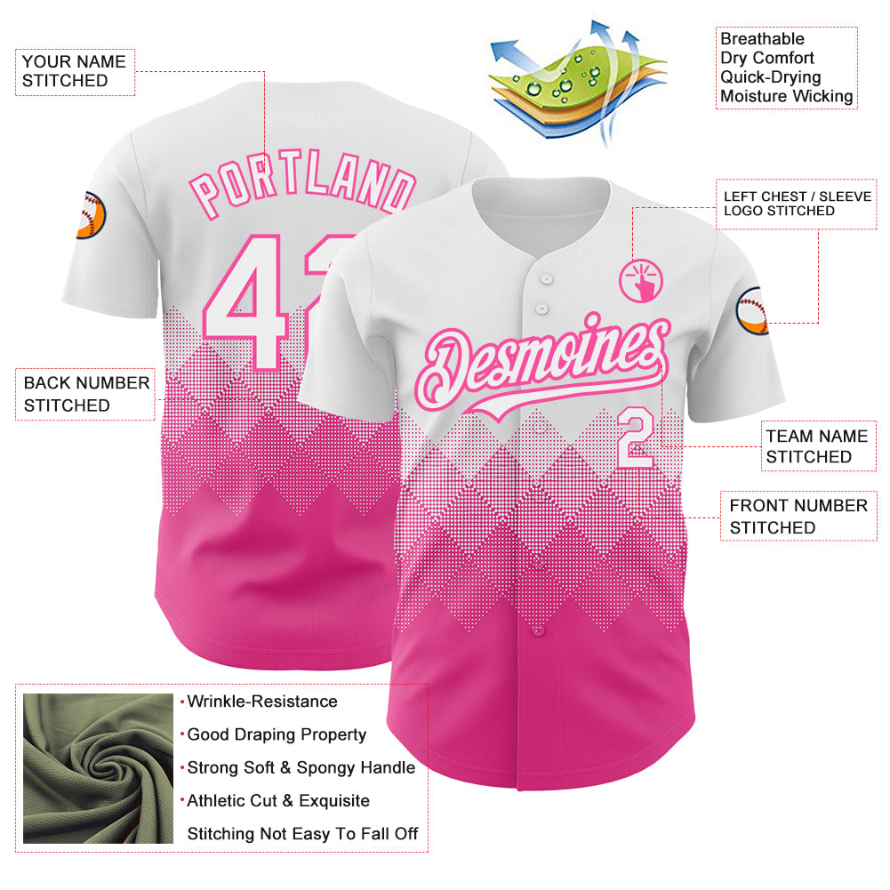 Custom White Pink 3D Pattern Design Gradient Square Shapes Authentic Baseball Jersey view 3