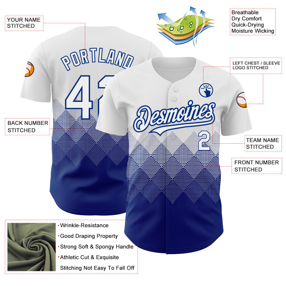 Custom White Royal 3D Pattern Design Gradient Square Shapes Authentic Baseball Jersey view 3