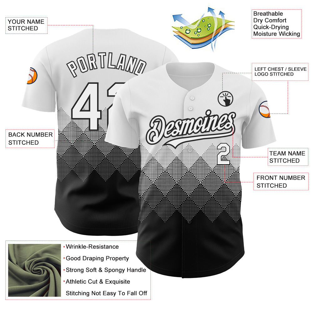 Custom White Black 3D Pattern Design Gradient Square Shapes Authentic Baseball Jersey view 3