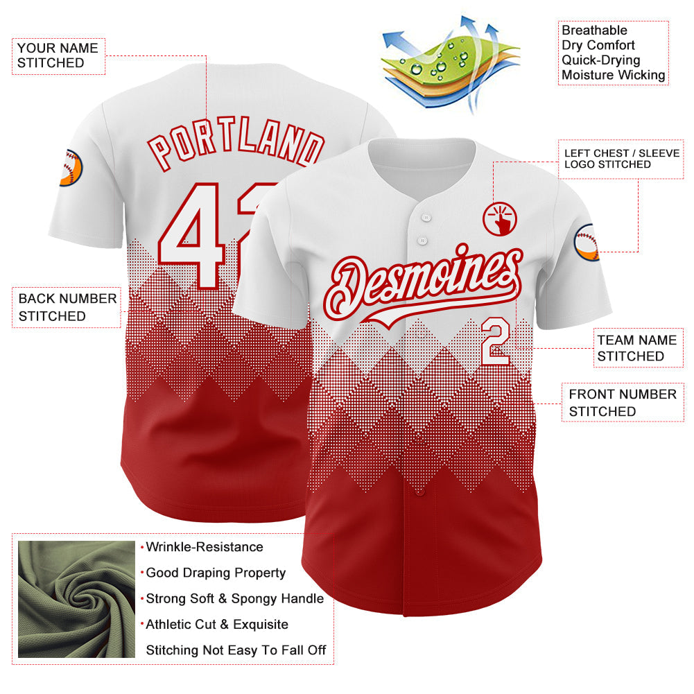 Custom White Red 3D Pattern Design Gradient Square Shapes Authentic Baseball Jersey view 3