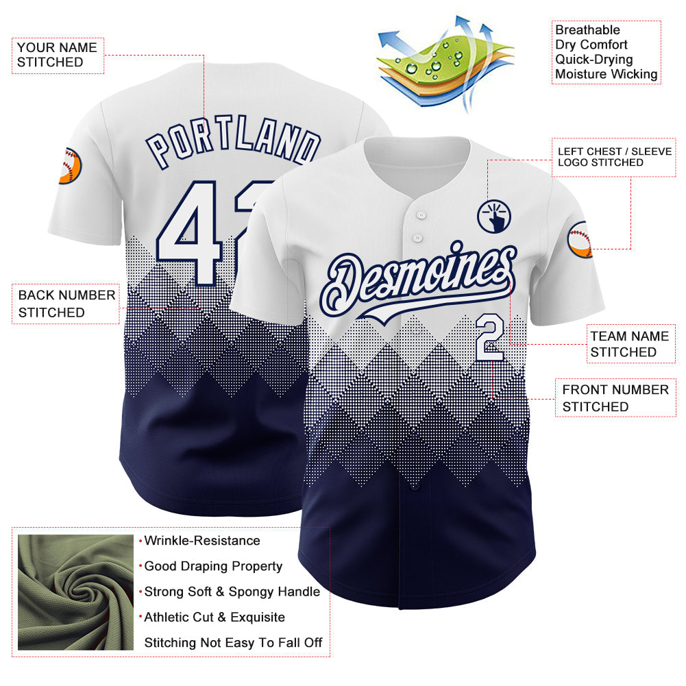 Custom White Navy 3D Pattern Design Gradient Square Shapes Authentic Baseball Jersey view 3