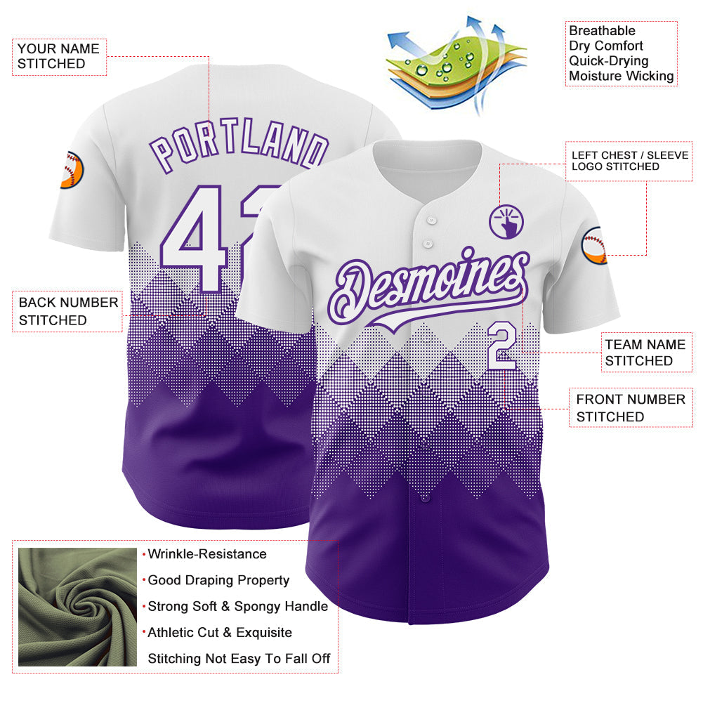 Custom White Purple 3D Pattern Design Gradient Square Shapes Authentic Baseball Jersey view 3
