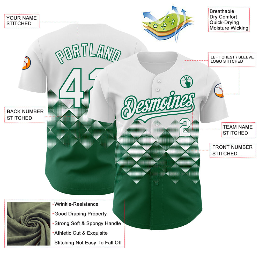 Custom White Kelly Green 3D Pattern Design Gradient Square Shapes Authentic Baseball Jersey view 3