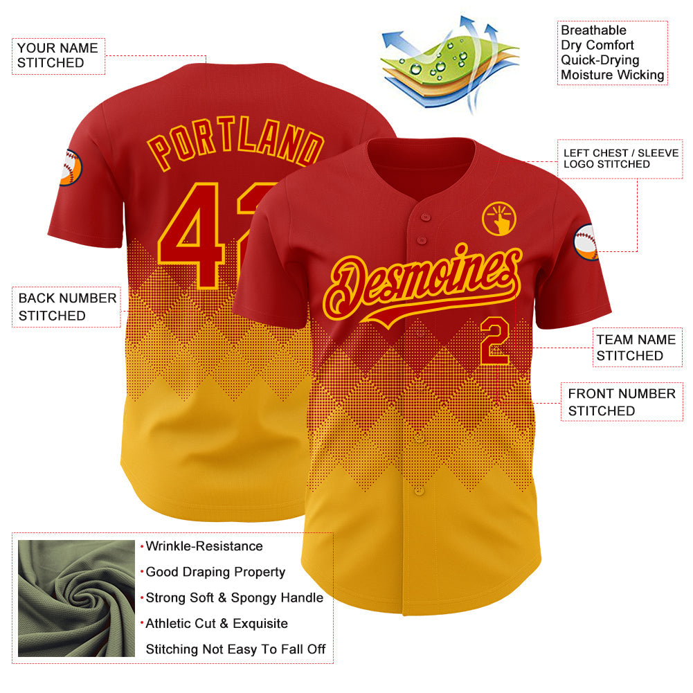 Custom Red Gold 3D Pattern Design Gradient Square Shapes Authentic Baseball Jersey view 3