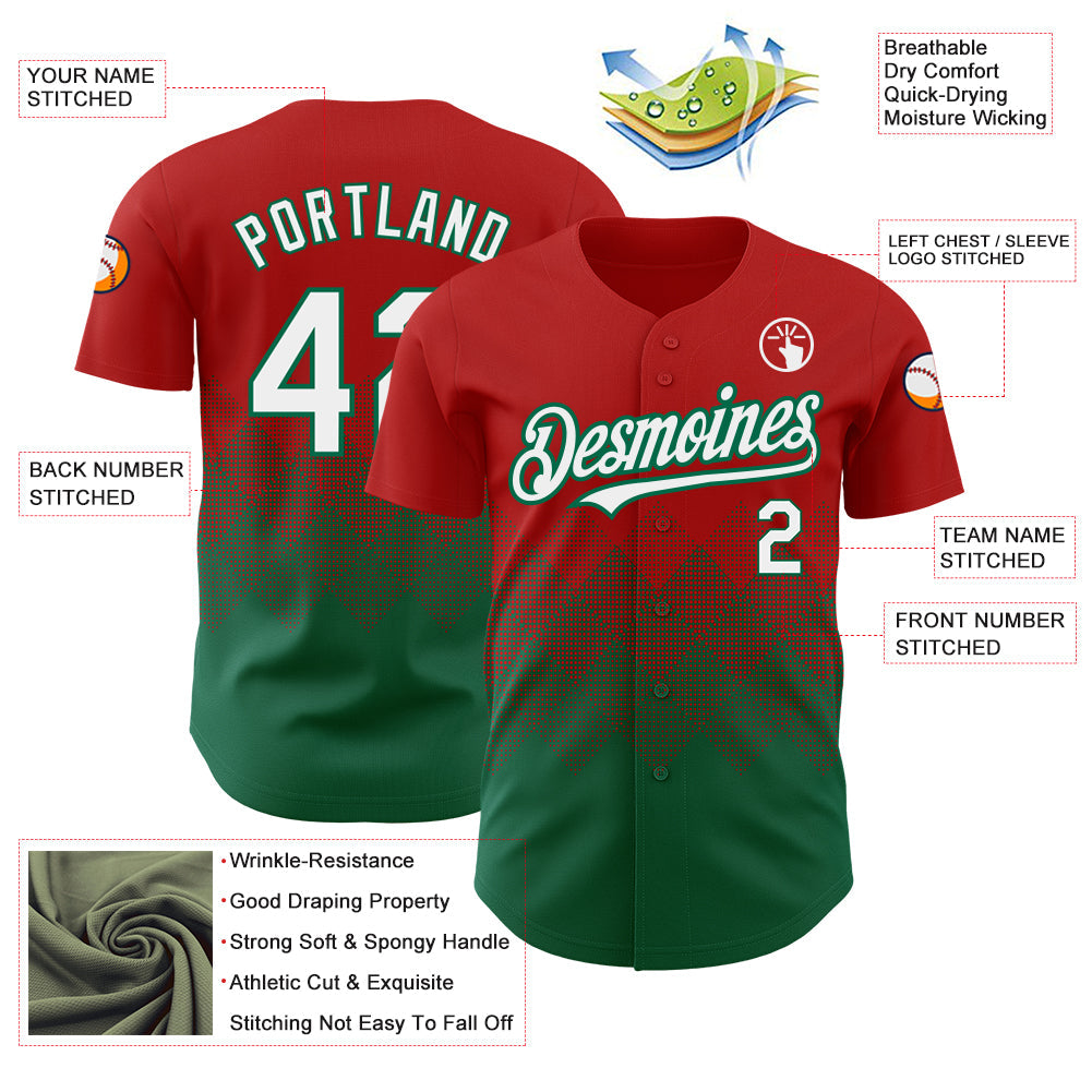 Custom Red White-Kelly Green 3D Pattern Design Gradient Square Shapes Authentic Baseball Jersey view 3