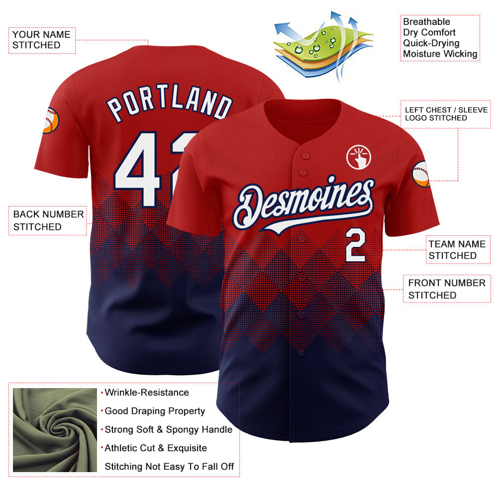 Custom Red White-Navy 3D Pattern Design Gradient Square Shapes Authentic Baseball Jersey view 3