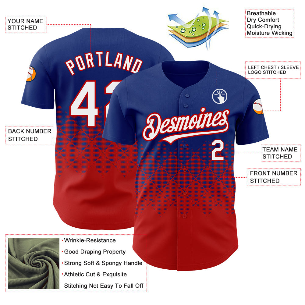 Custom Royal White-Red 3D Pattern Design Gradient Square Shapes Authentic Baseball Jersey view 3