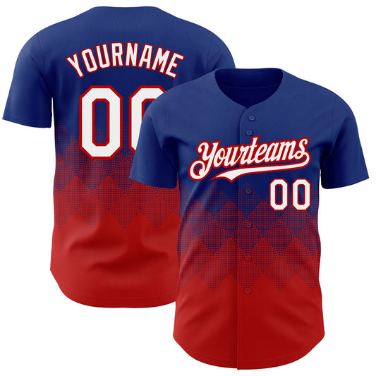 Custom Royal White-Red 3D Pattern Design Gradient Square Shapes Authentic Baseball Jersey - Main View