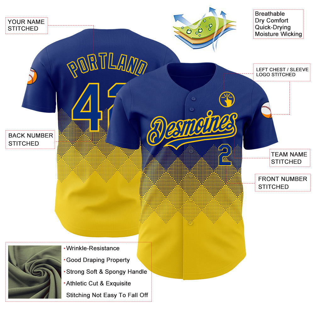 Custom Royal Yellow 3D Pattern Design Gradient Square Shapes Authentic Baseball Jersey view 3