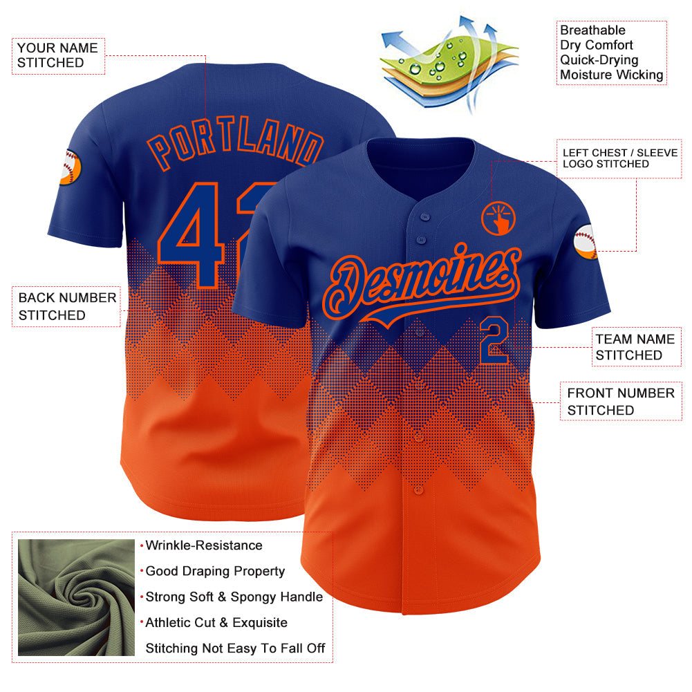 Custom Royal Orange 3D Pattern Design Gradient Square Shapes Authentic Baseball Jersey view 3